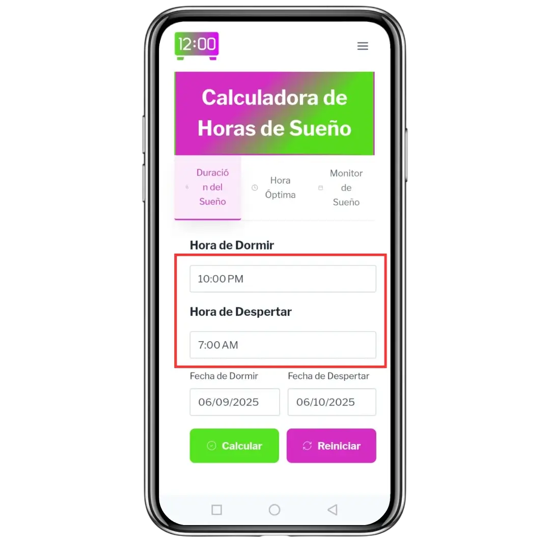 Paso 1: Ingresa tus horas de dormir y despertar